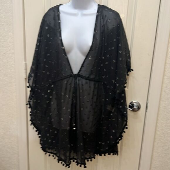 Club Z Collection Swim Coverup Size Large Black Silver Metallic Drawstring Waist - Picture 2 of 6